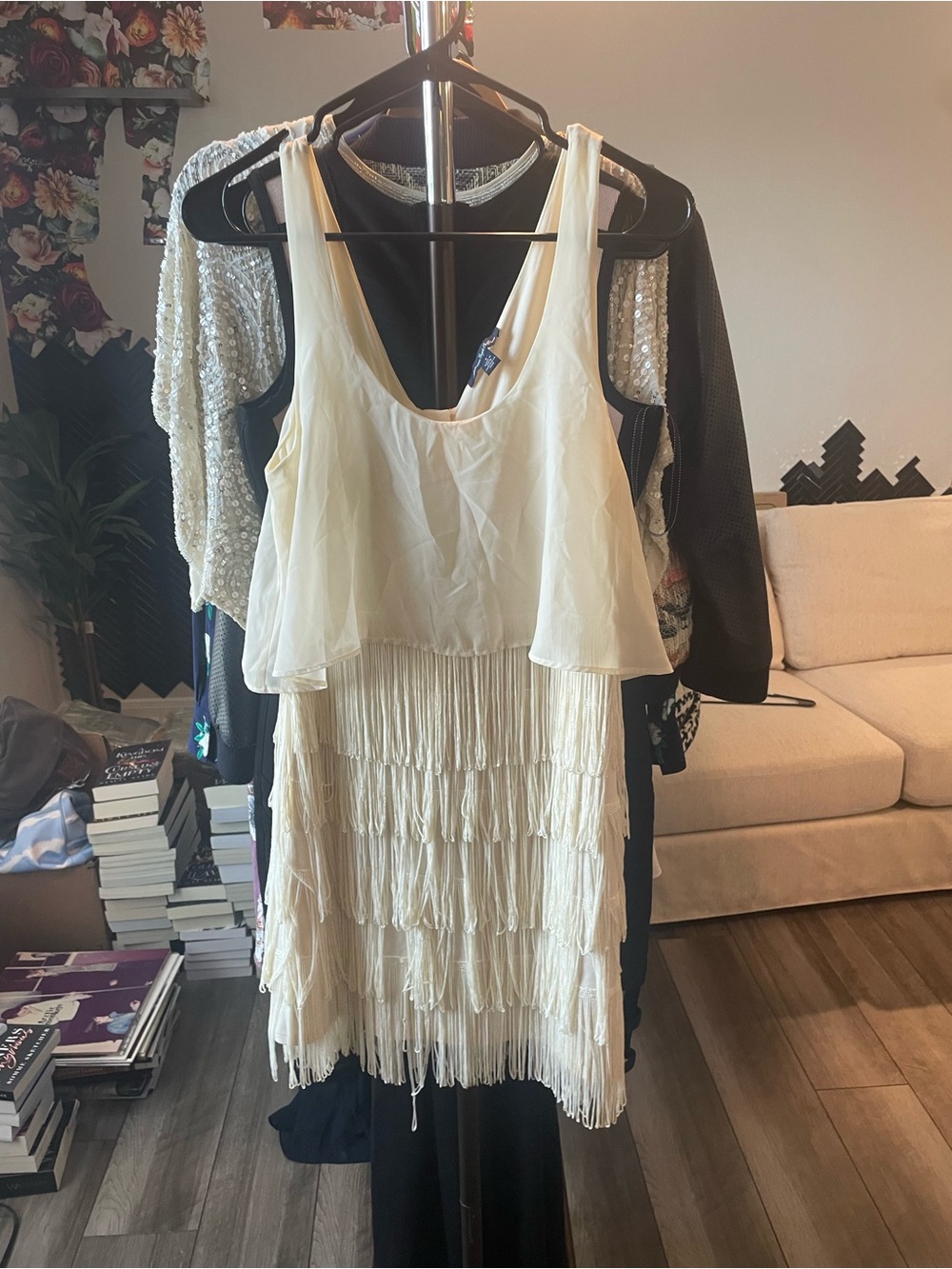 American Eagle Outfitters Cream Tiered Fringe Mini Dress